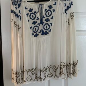 Anthropologie White Blouse with Blue Embroidery